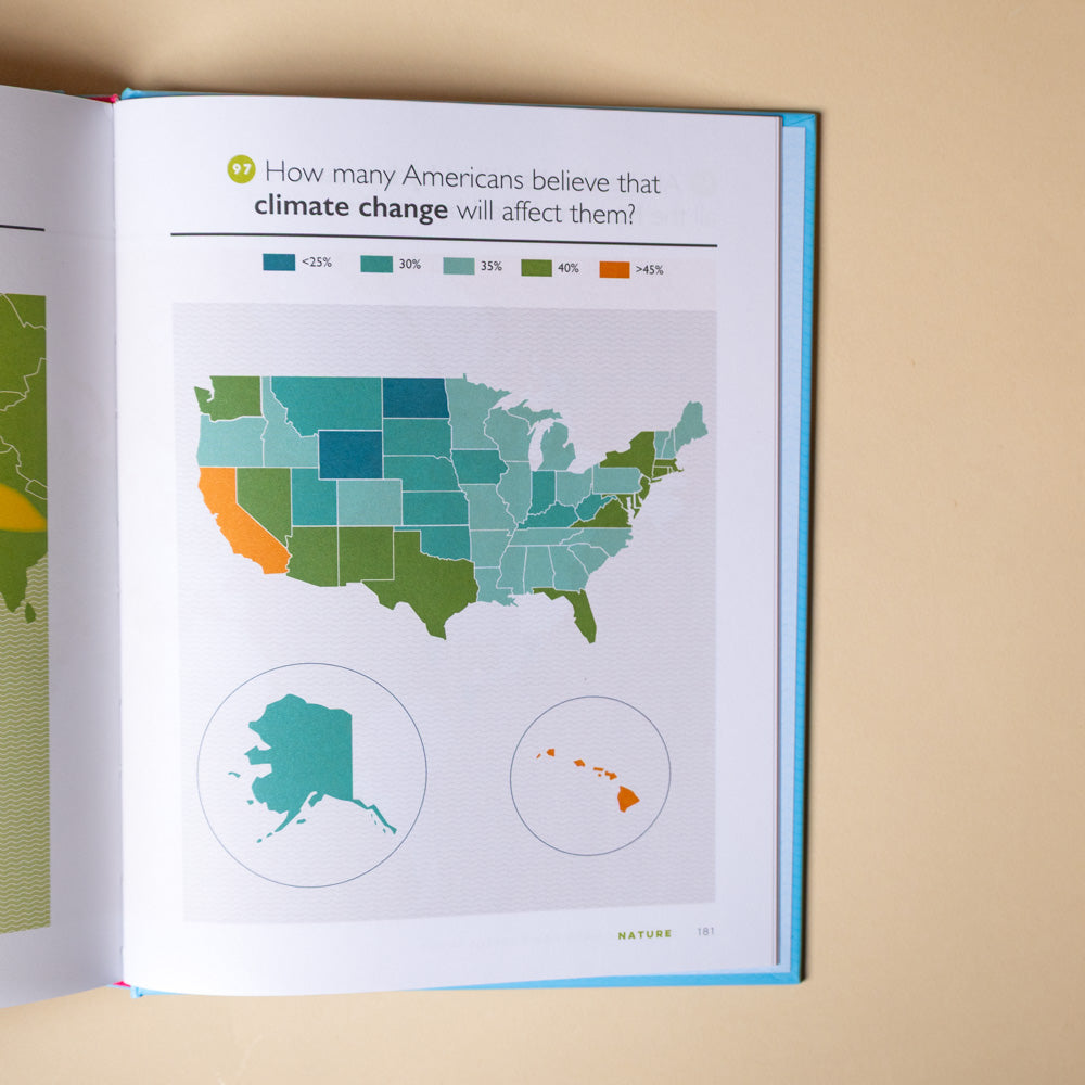 brilliant-maps-for-curious-minds-Book open to a page with a map of the United States and a question about climate change beliefs.