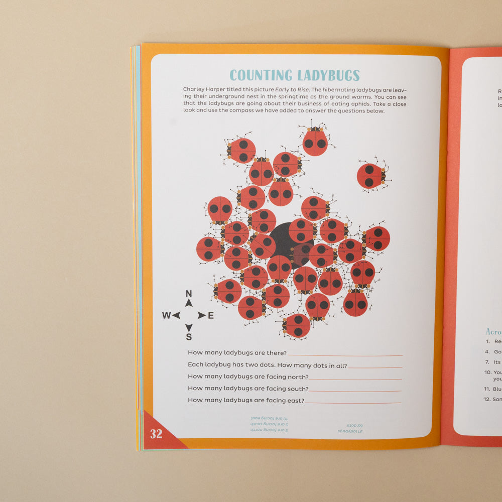 Book page with ladybug illustration and educational text on a beige background