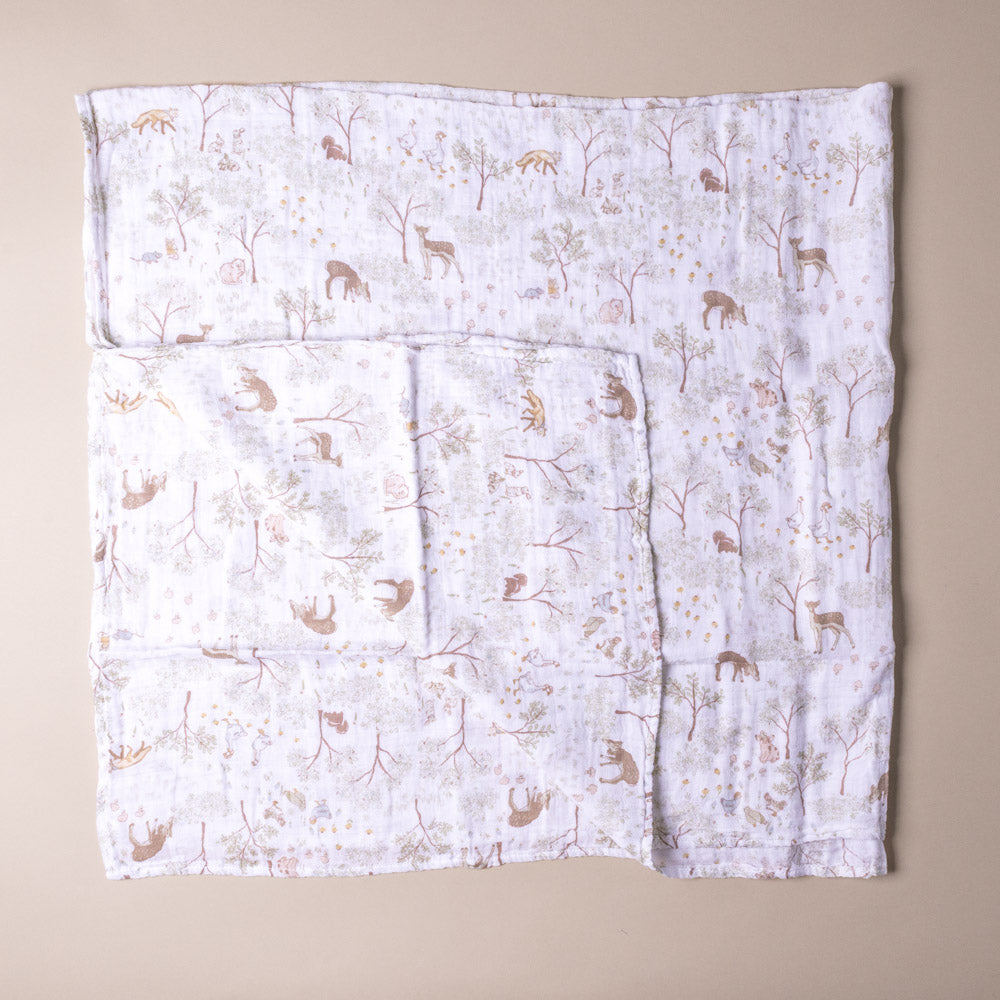 cotton-muslin-swaddle-woodland-friends  fabric with a neutral color palette on a beige background