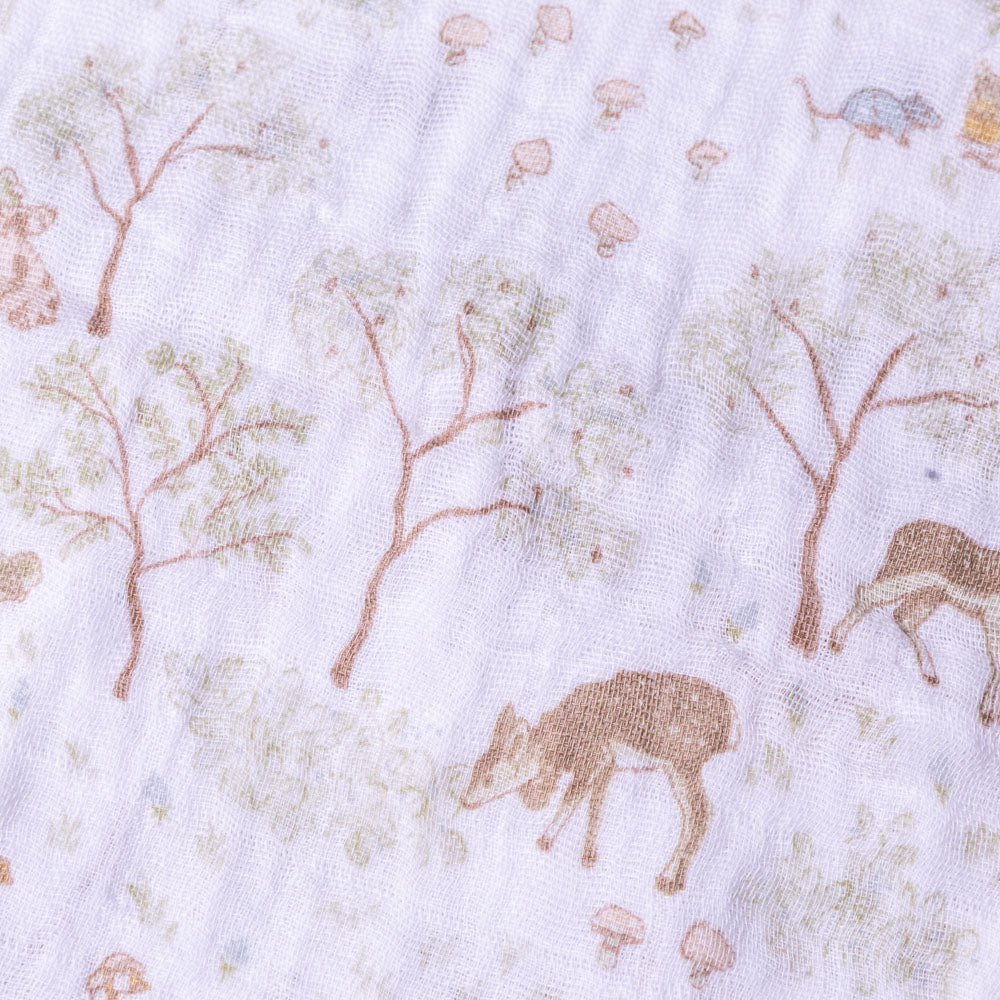 cotton-muslin-swaddle-woodland-friends Fabric with deer and tree pattern on a white background