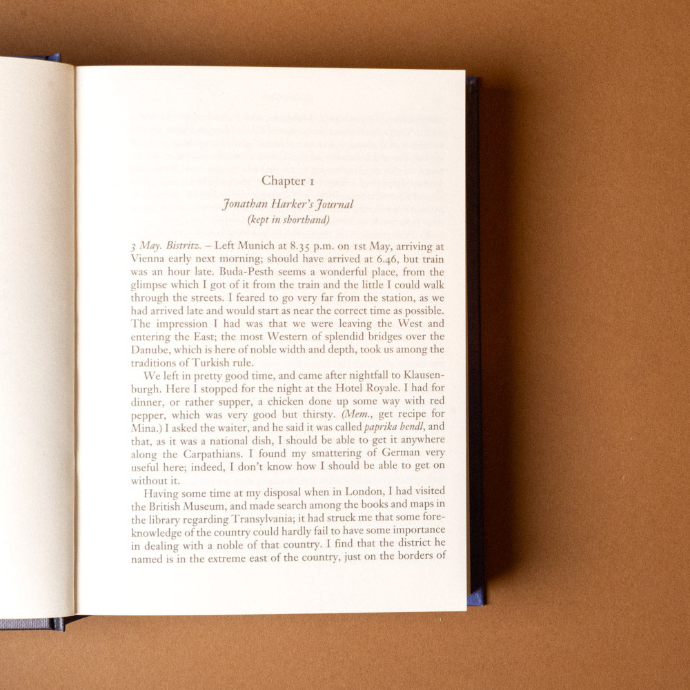 dracula Open book titled chater 1 with text on a brown background