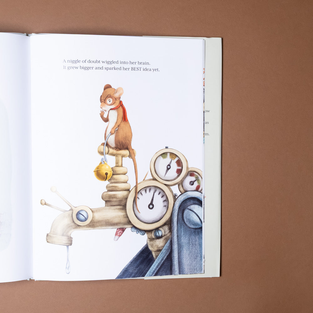 emmie-builds-something-new Illustrated page from a book with a mouse on a faucet against a brown background