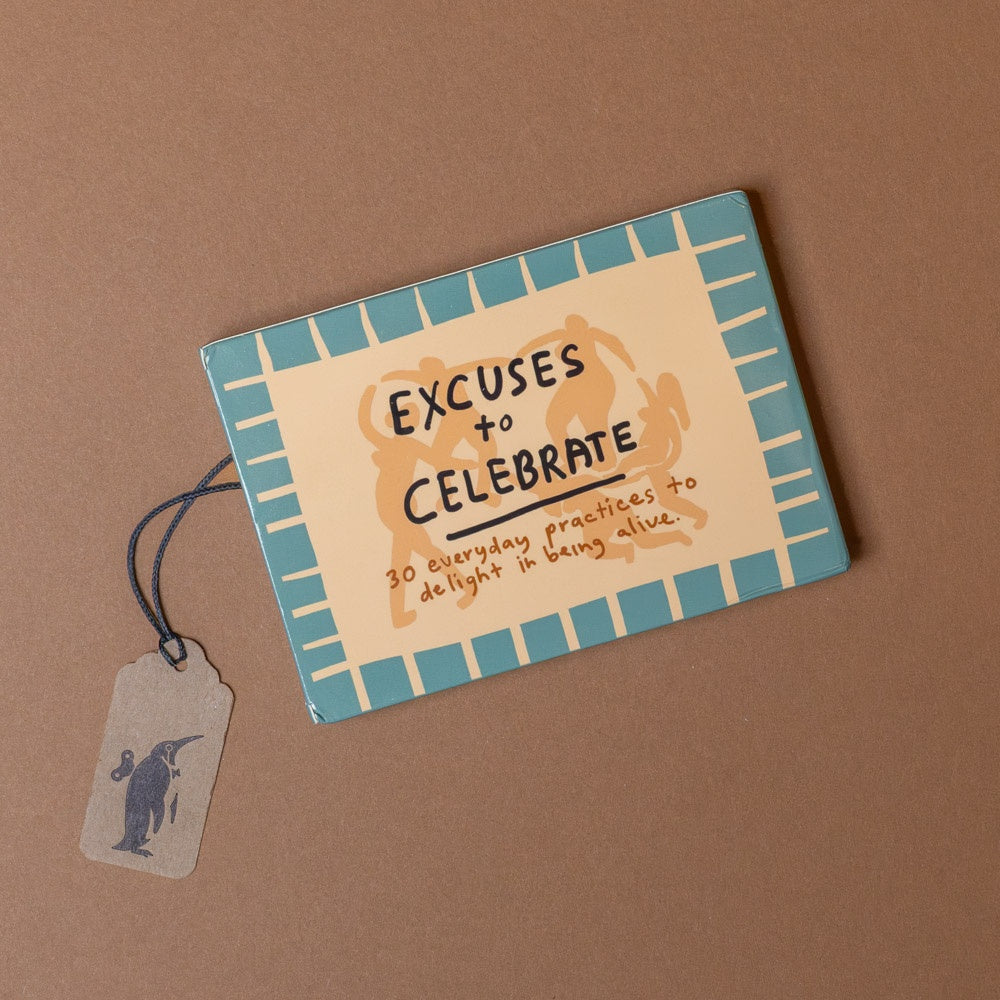 Cards titled 'Excuses to Celebrate' with a tag on a brown background