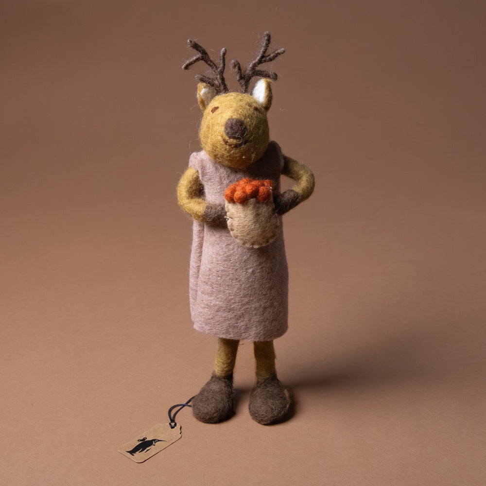 felted-brown-deer--pink-dress--bowl-of-berries