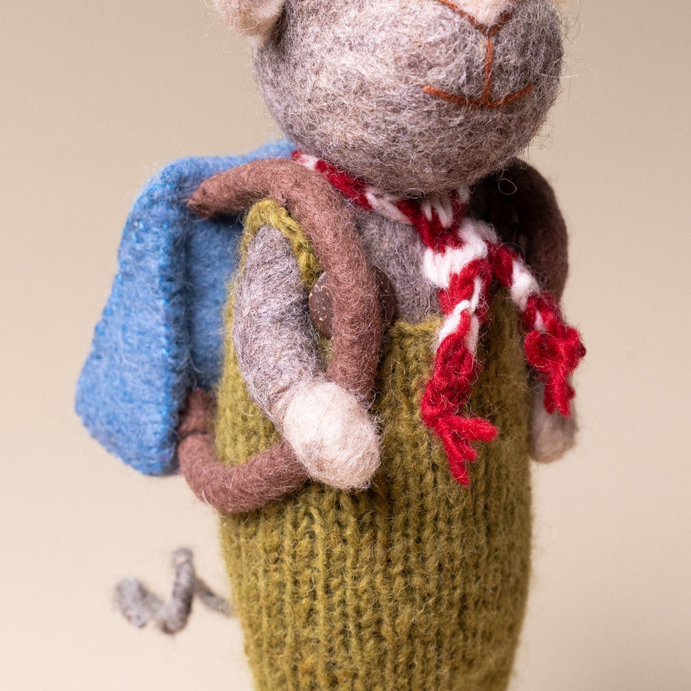 felted-grey-mouse-green-overalls-and-back-pack Handmade toy cat with a backpack, scarf, and green outfit on a beige background