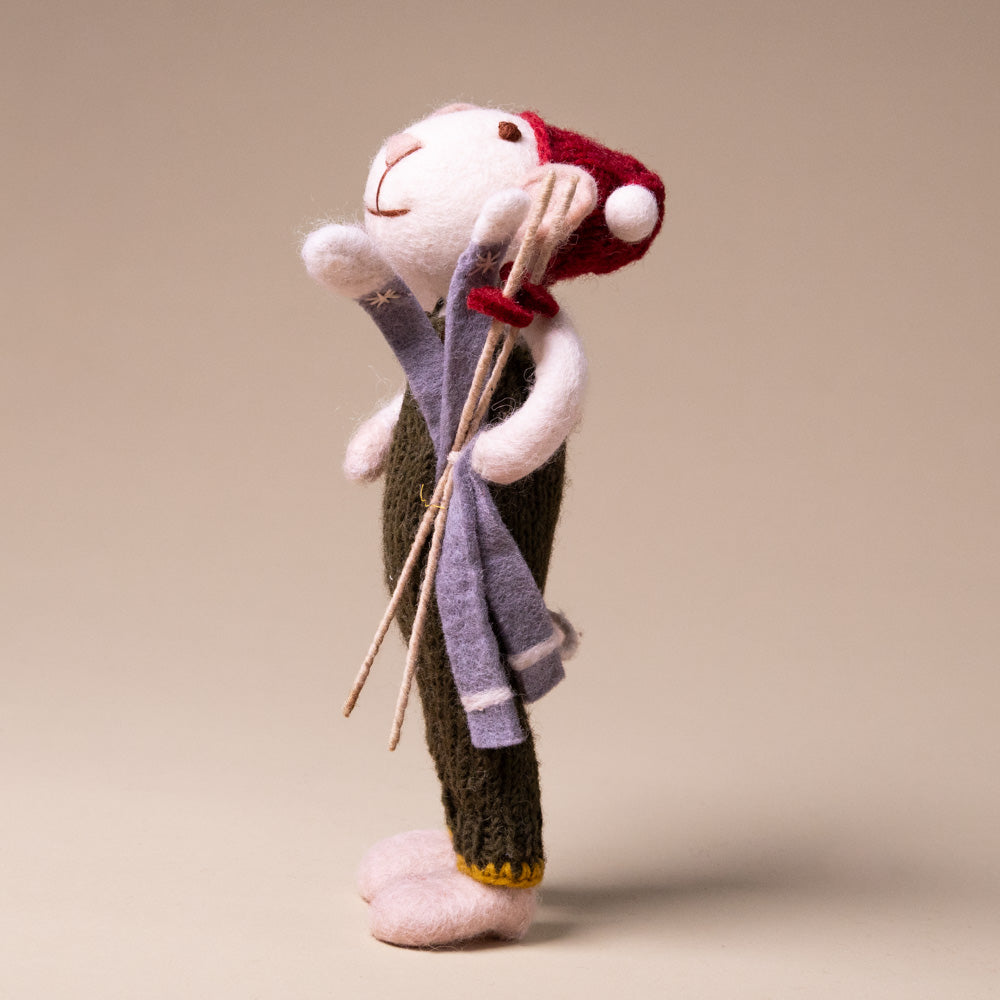 Felted White Mouse | Green Overalls & Skis