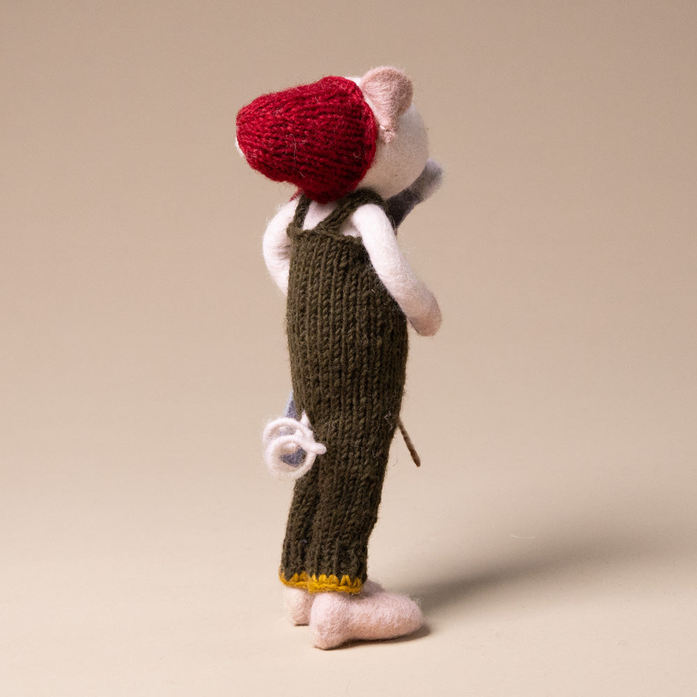 Felted White Mouse | Green Overalls & Skis