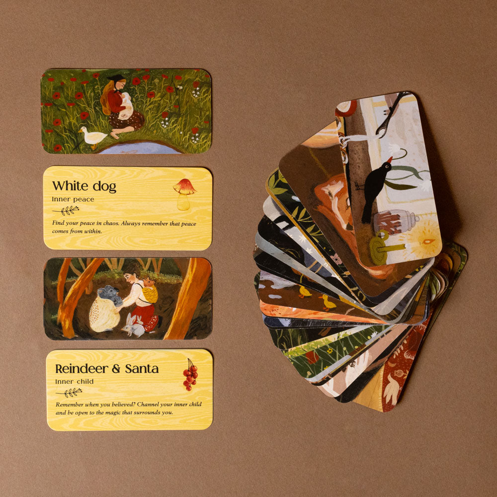 forest-friends-inspiration-from-the-animal-kingdom Set of illustrated cards with images and text on a brown background