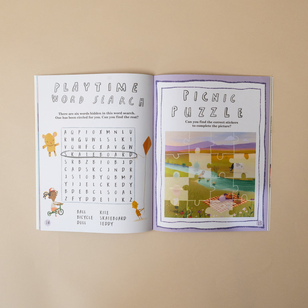 here-we-are-activity-book Open book with word search and puzzle on a beige background