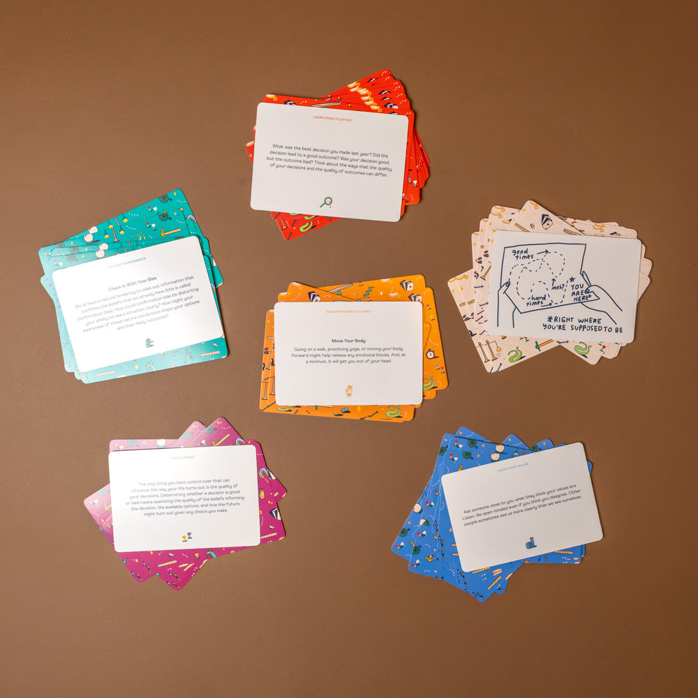 how-to-decide-card-set Colorful cards with text on a brown background