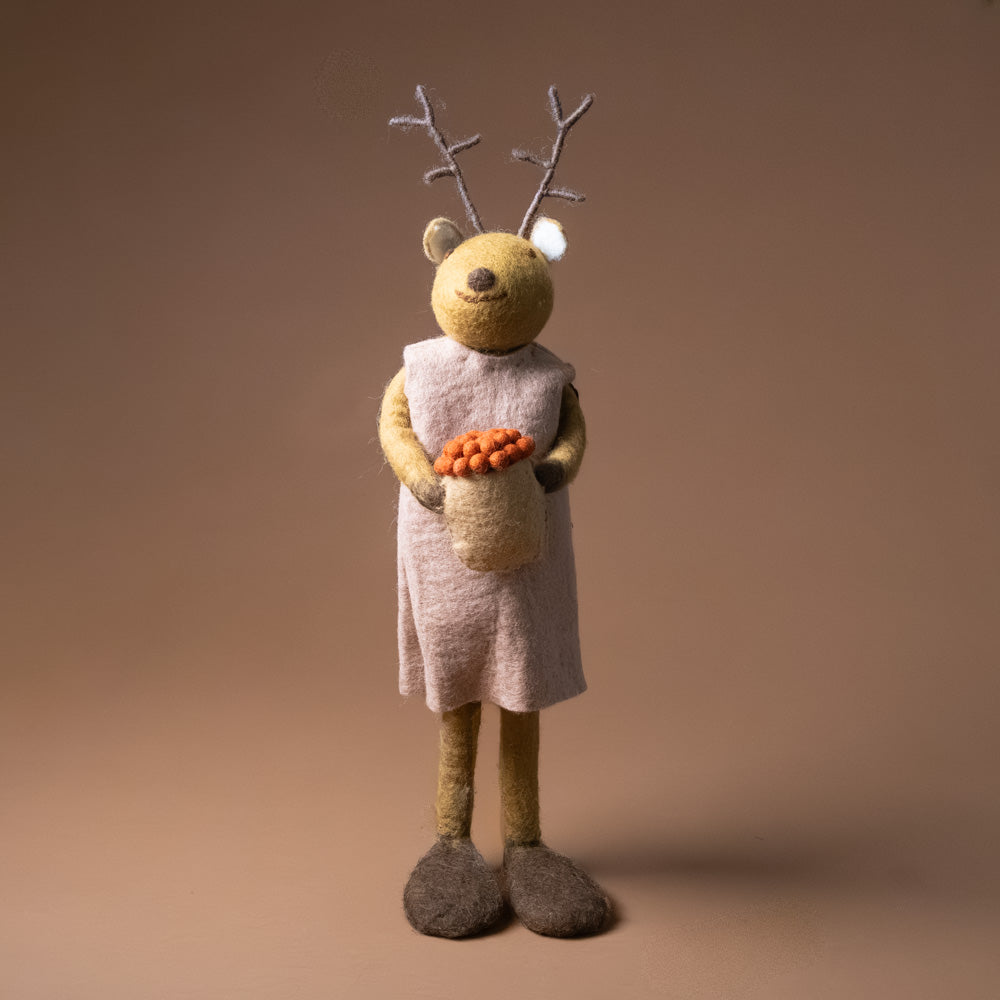 jumbo-felted-brown-deer-pink-dress-and-bowl-of-berries