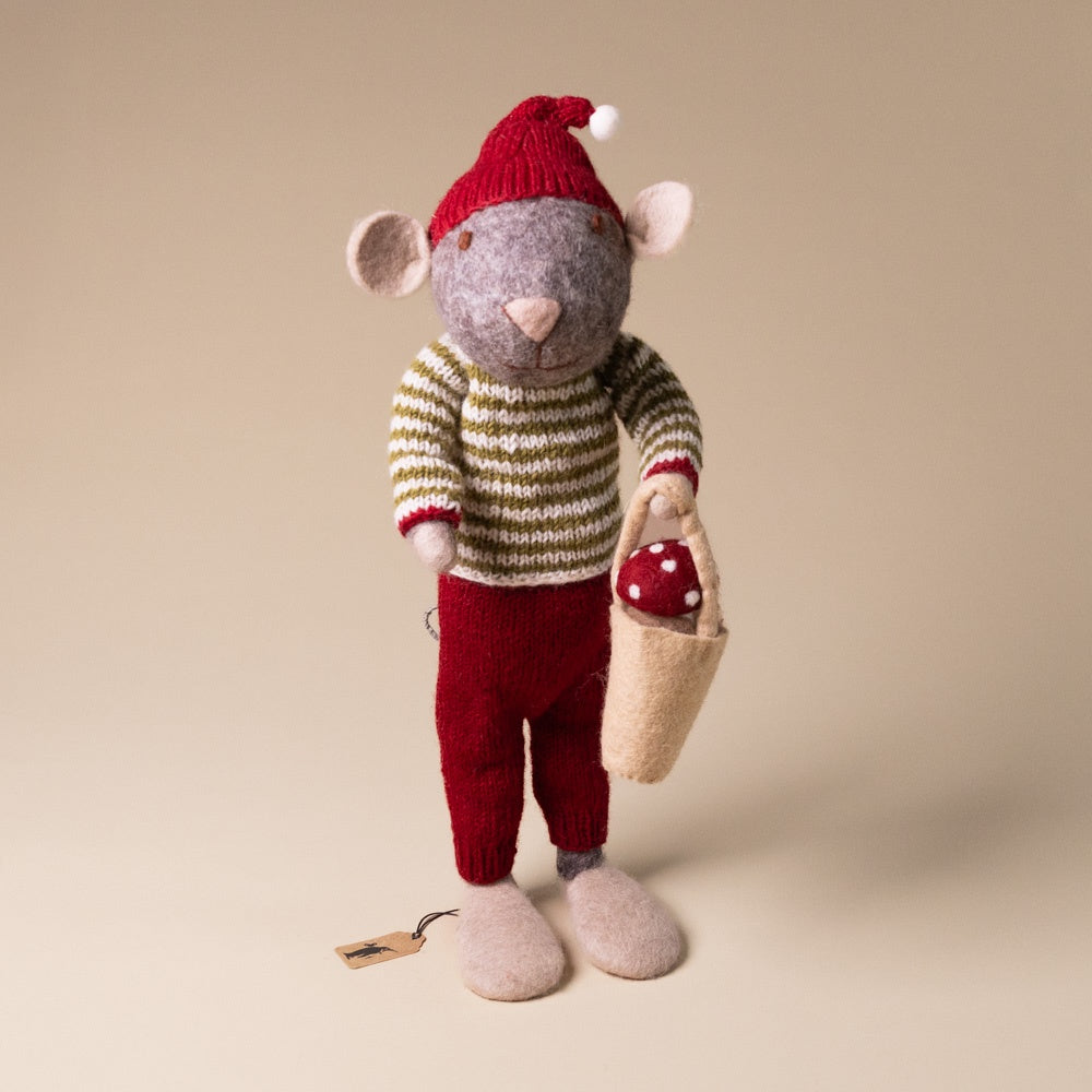 jumbo-felted-grey-mouse-ornament-green-stripe-sweater-and-mushroom-bucket