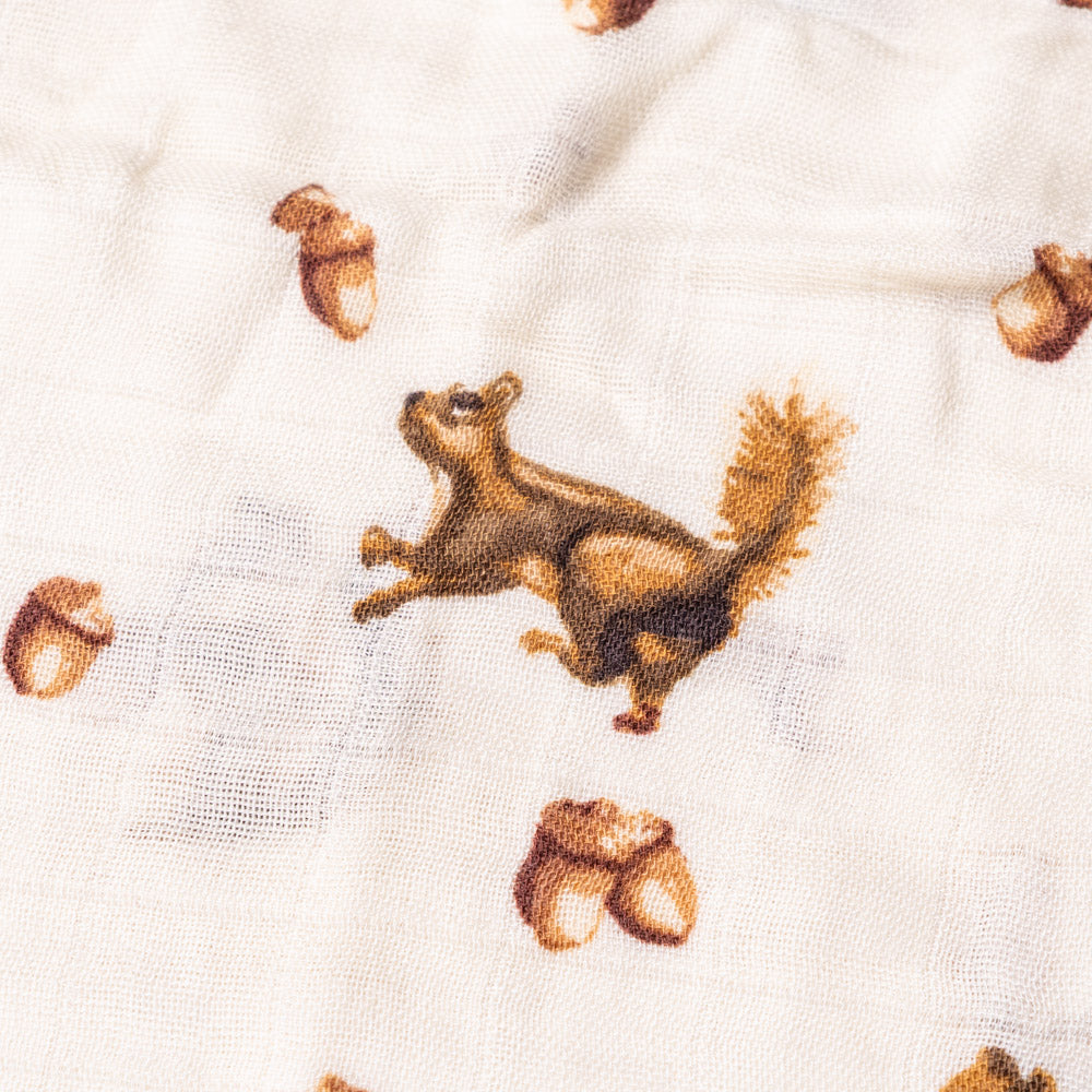 little-lovie-chipmunk Fabric with printed pattern of squirrels and acorns on a white background
