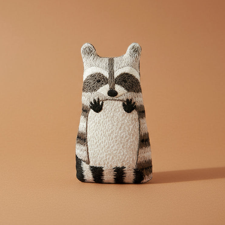 make-your-own-embroidered-animal-kit raccoon design on a white background