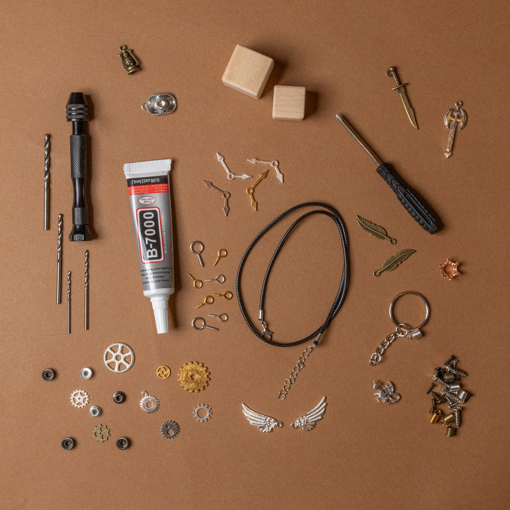 make-your-own-timberbot-kit Collection of bot-making tools and materials on a brown background