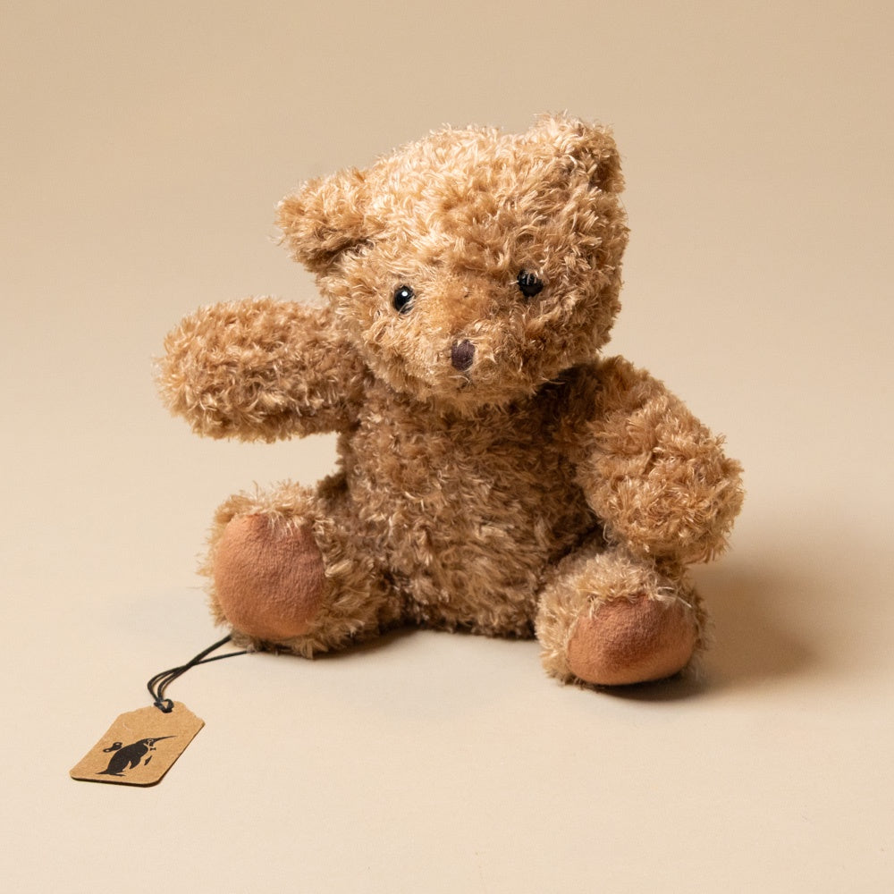 martin-bear-petite Brown teddy bear with a tag on a beige background