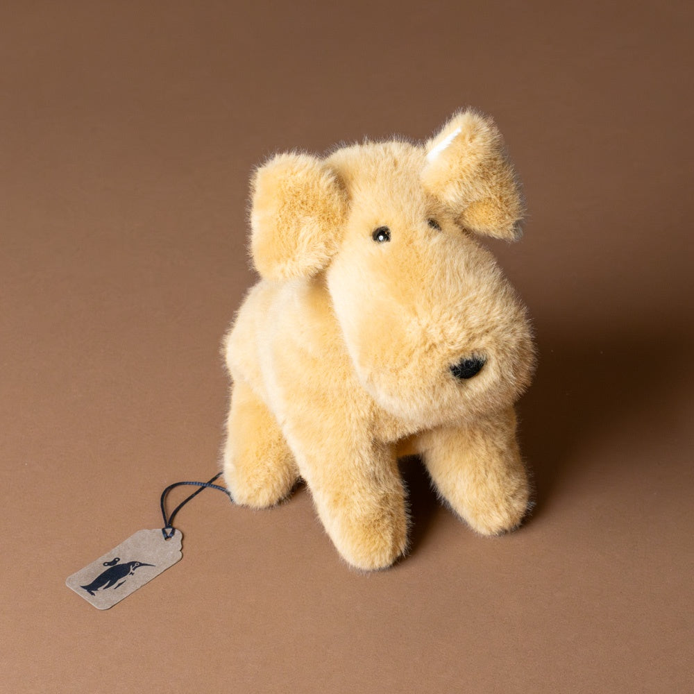 muzzle-tim-tan-pup Plush dog toy with a tag on a brown background