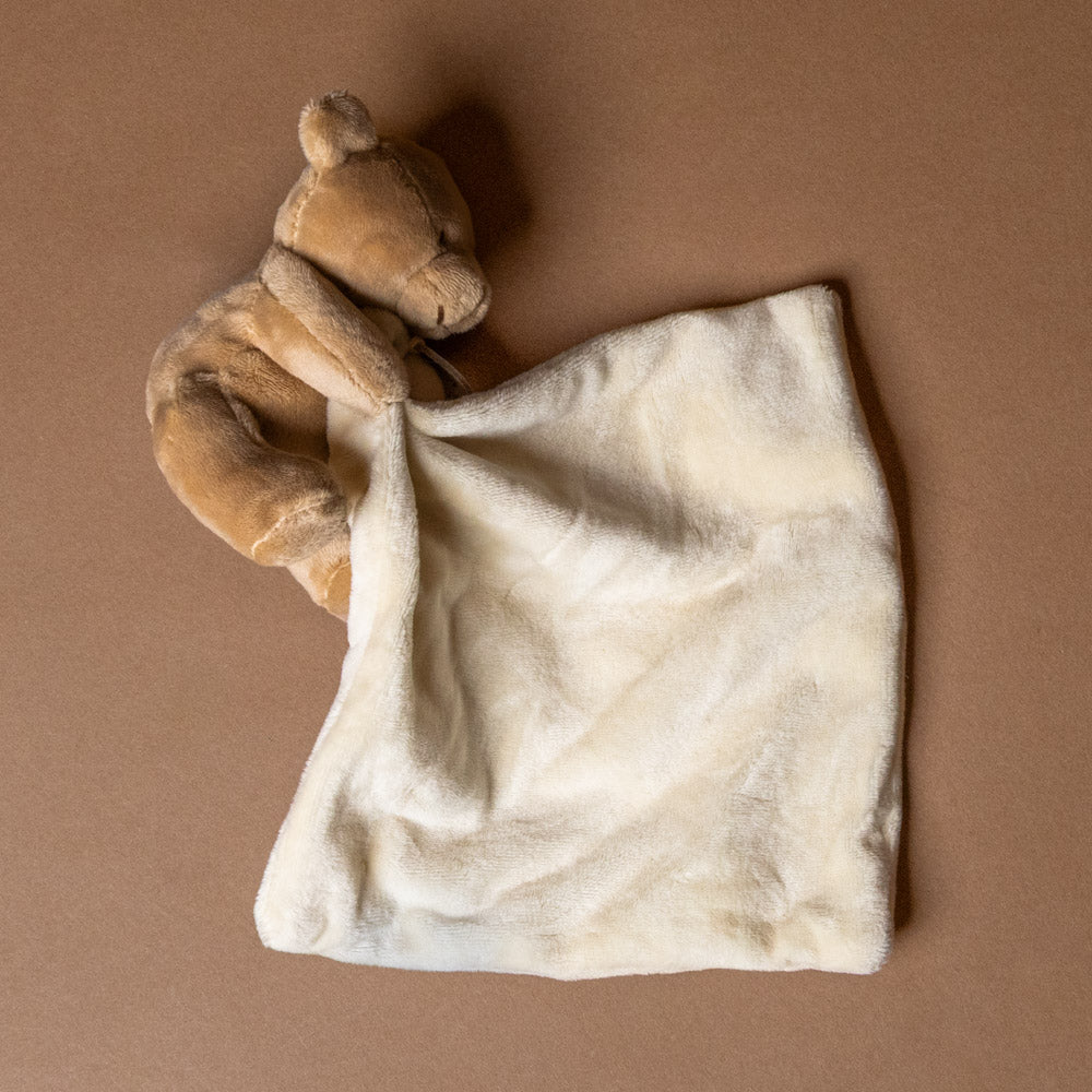 my-first-little-bear-with-lovie Teddy bear with a white blanket on a brown background