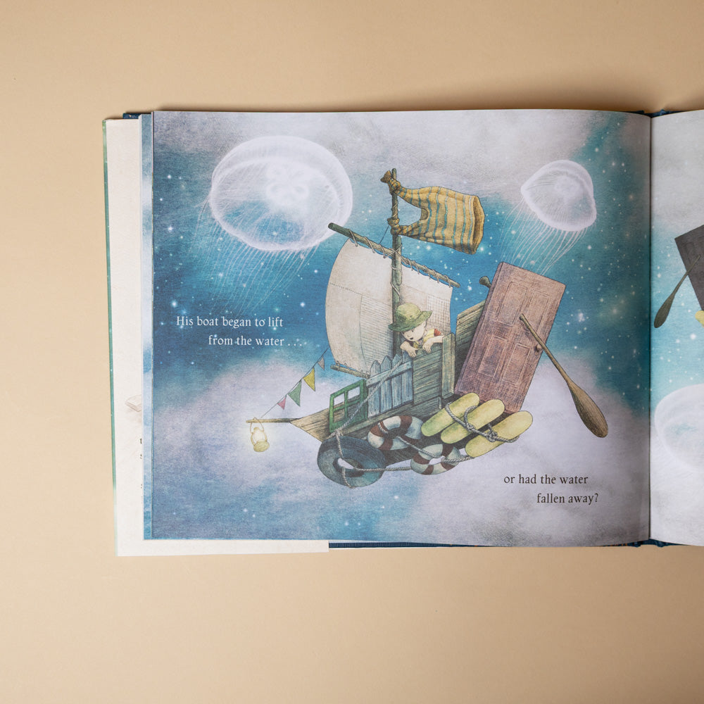 ocean-meets-sky Illustrated book page with a ship and characters on a beige background