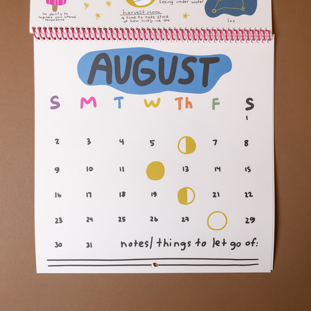 only-good-things-2026-wall-calendar page for August with moon phases on a brown background