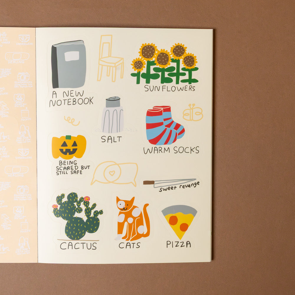only-good-things-sticker-book-example-stickers-pizza-cats-cactus-salt-warm-socks-sunflowers