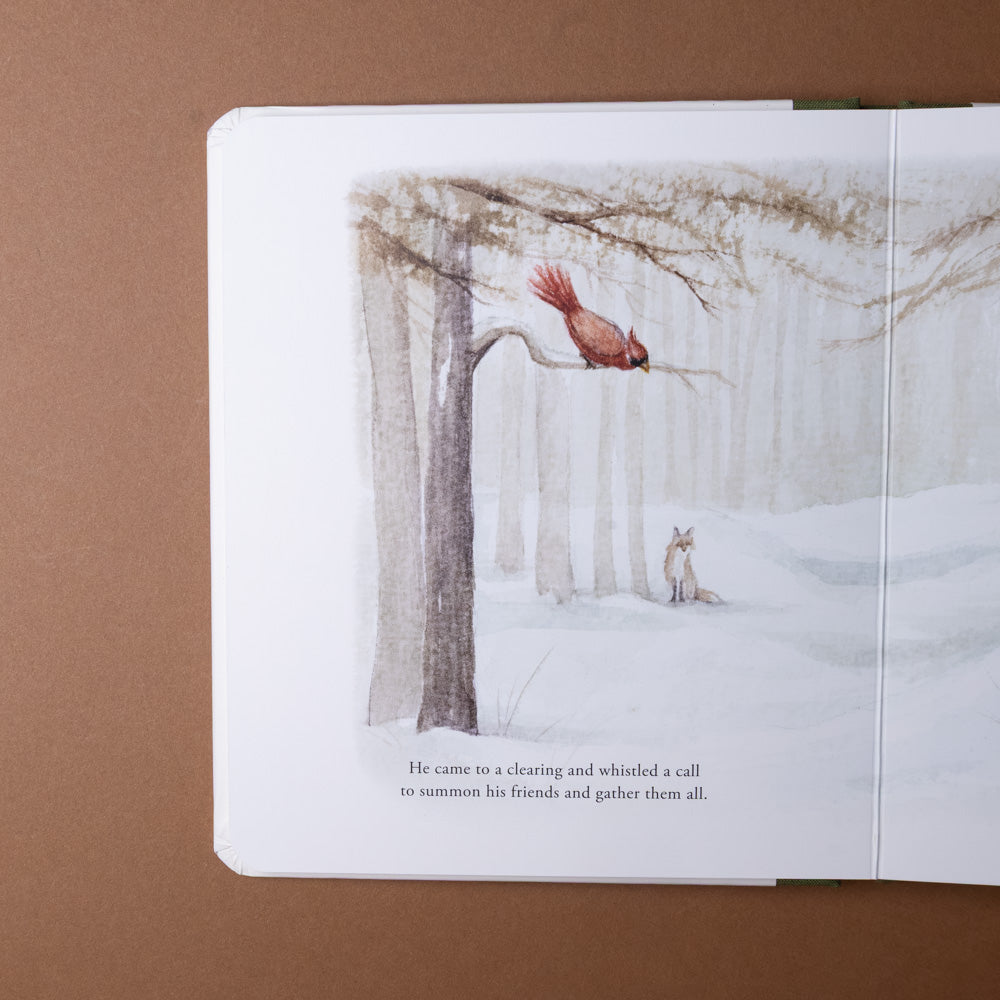 our-little-adventure-at-christmas-board-book Illustration of a cardinal and a fox in a snowy forest with text on a brown background