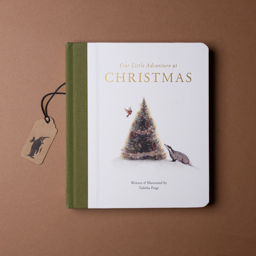 Book titled 'Our Little Adventure at Christmas' with a tree and mouse illustration on a brown background