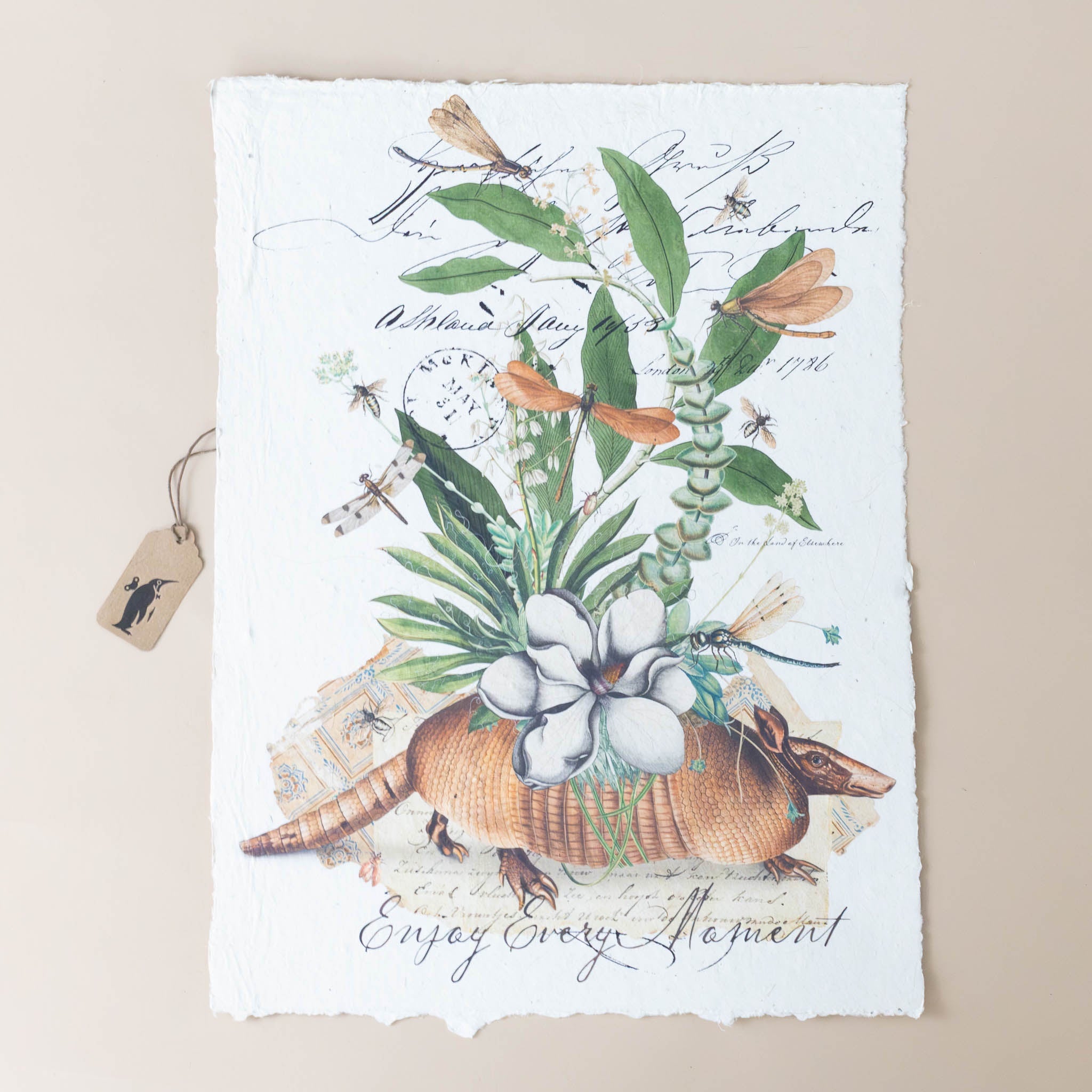 paper-print-enjoy-every-moment-print-of-armadillo-dragonfly-and-flora-and-fauna-along-with-old-style-script