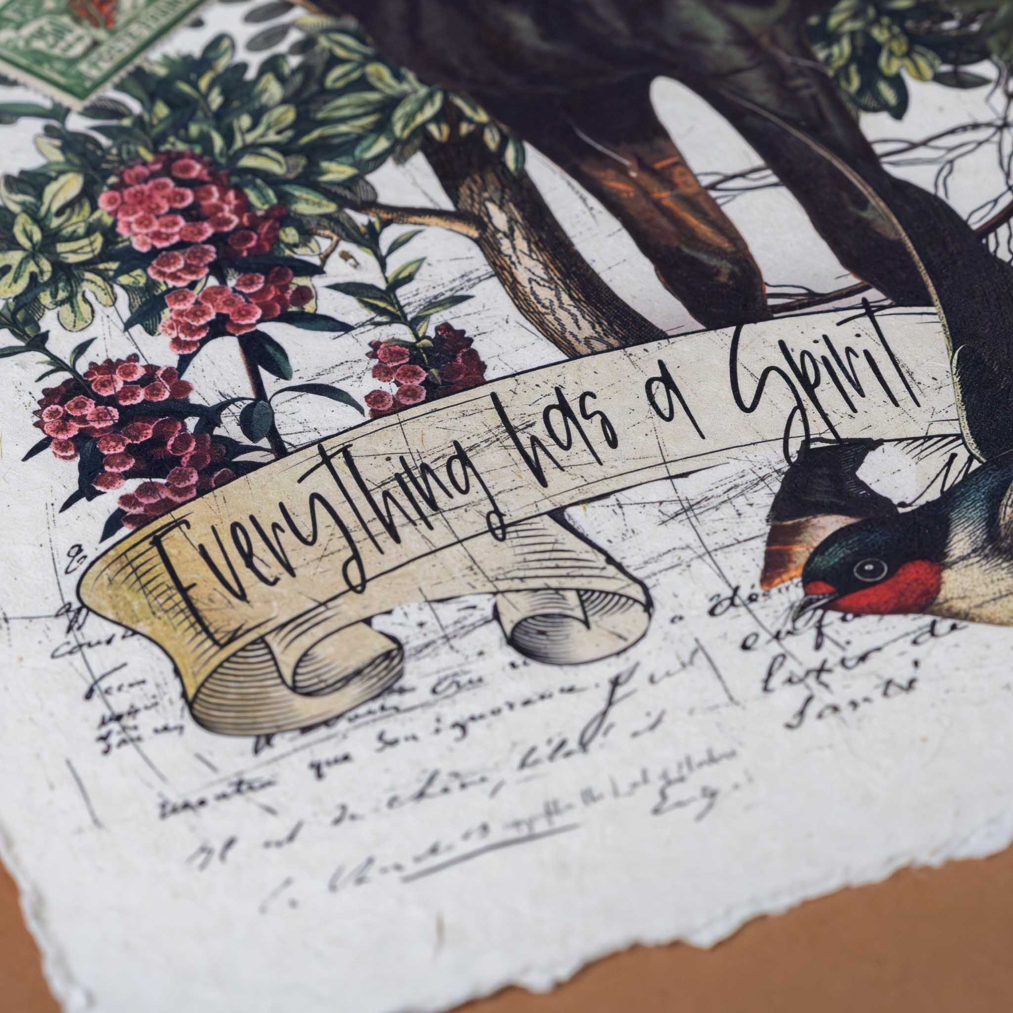 paper-print-everything-has-a-spirit-image-of-horse-and-birds-against-hedge-with-black-script-scroll