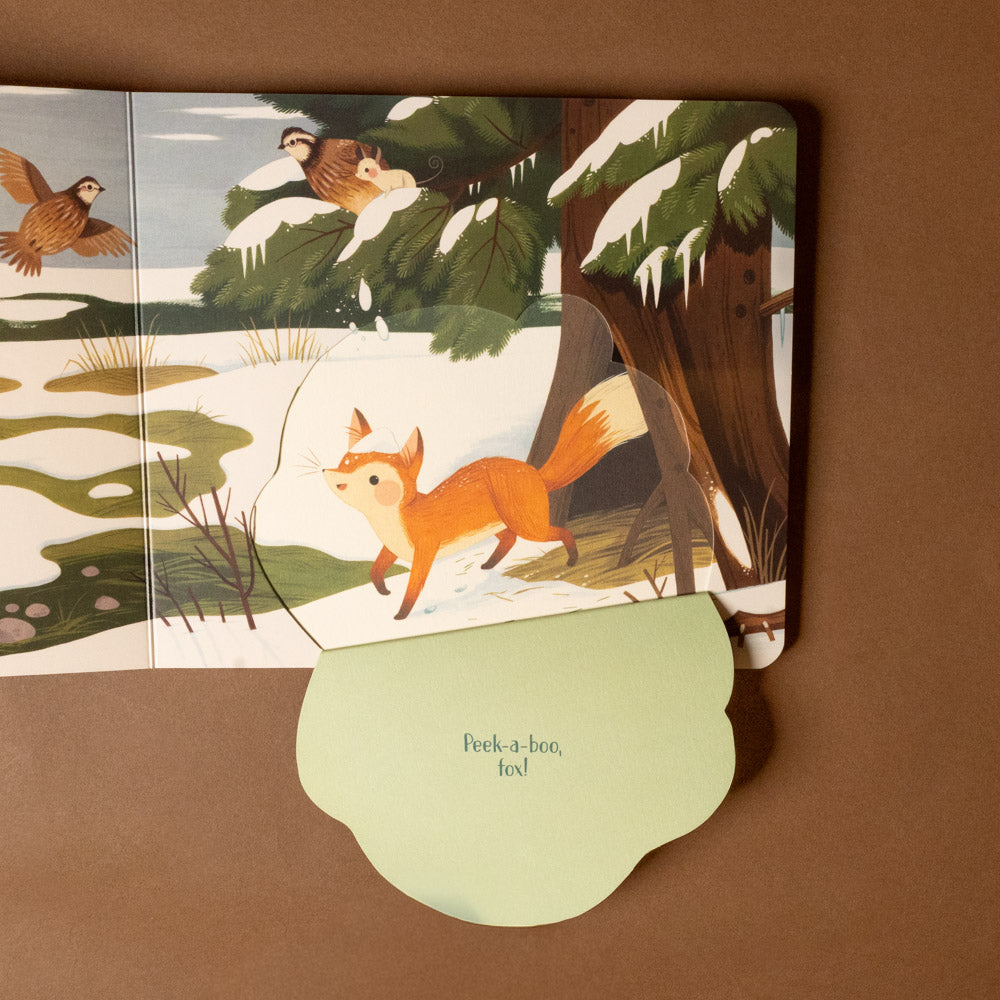 peek-a-boo-haiku-board-book Children's book with a fox illustration on a brown background