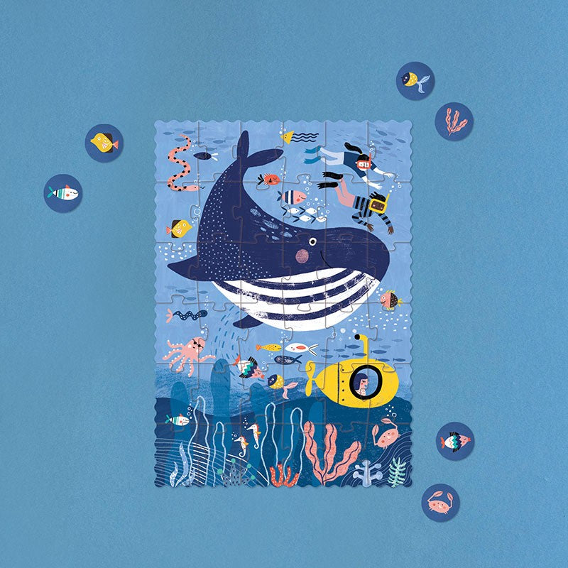 petite-36-piece-observation-puzzle-ocean Children's puzzle with whale and underwater scene on a blue background