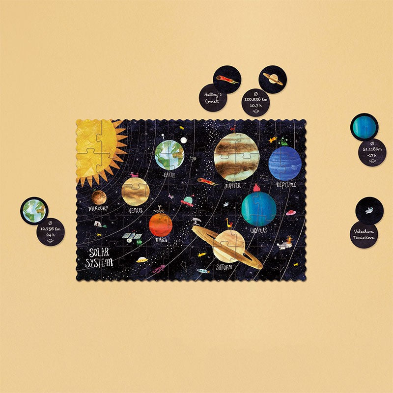 petite-24-piece-observation-puzzle-planets Solar system puzzle with planets and stars on a beige background