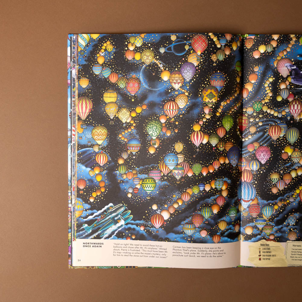 pierre-the-maze-detective-the-hunt-for-the-maze-pyramid Open book with colorful hot air balloon illustration on a brown background