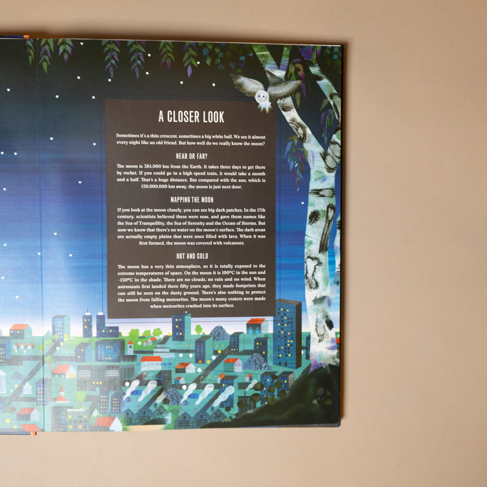 pop-up-moon-book Decorative panel with cityscape illustration and text on a beige wall