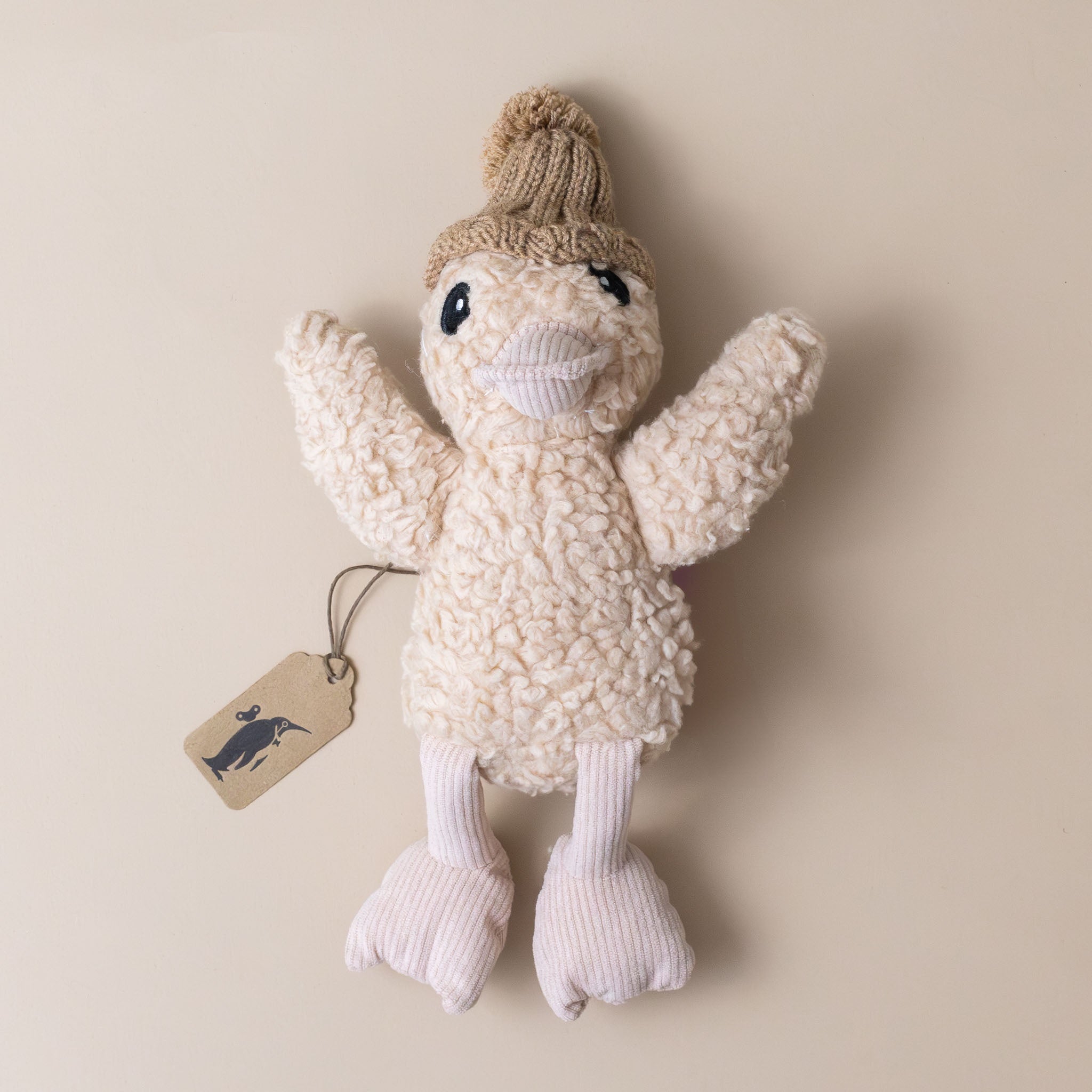 poppy-the-duckling-stuffed-animal-with-pink-feet-and-beak-along-with-taupe-beanie-hat