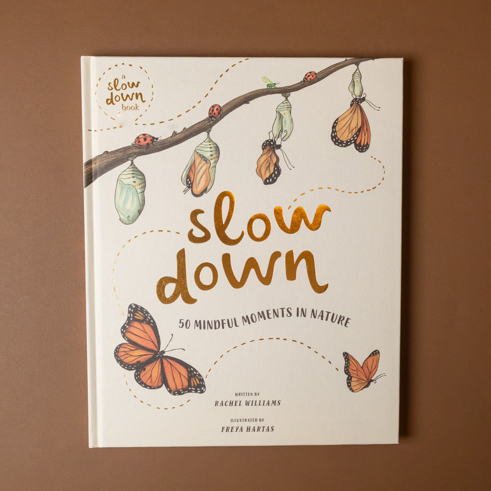 Book titled 'slow down' with butterfly illustrations on a brown background
