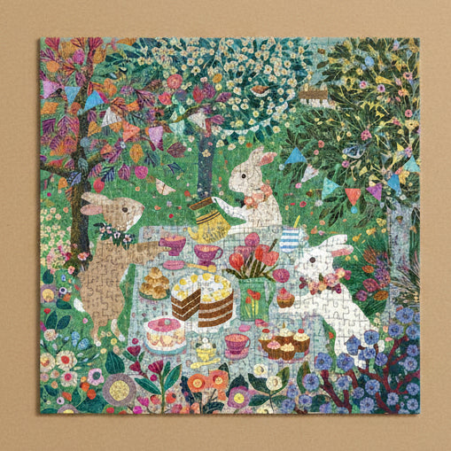 spring-tea-party-500-piece-puzzle with rabbits and garden elements on a white background