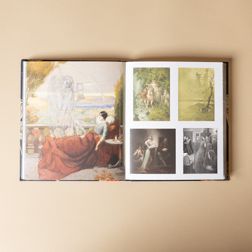 sticker-treasury-of-ghosts-and-dark-curiosities Open book displaying artistic illustrations on a beige background