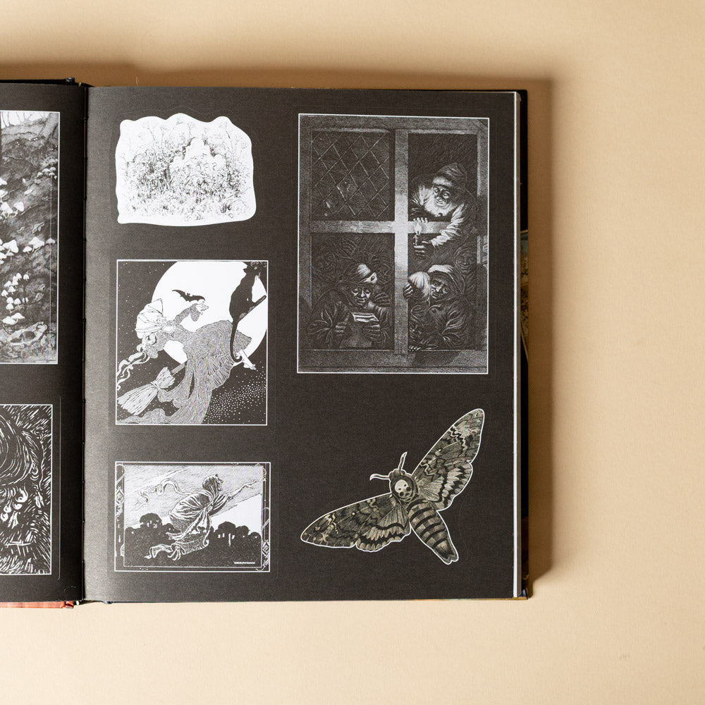 sticker-treasury-of-ghosts-and-dark-curiosities Open book with black and white illustrations on a beige background