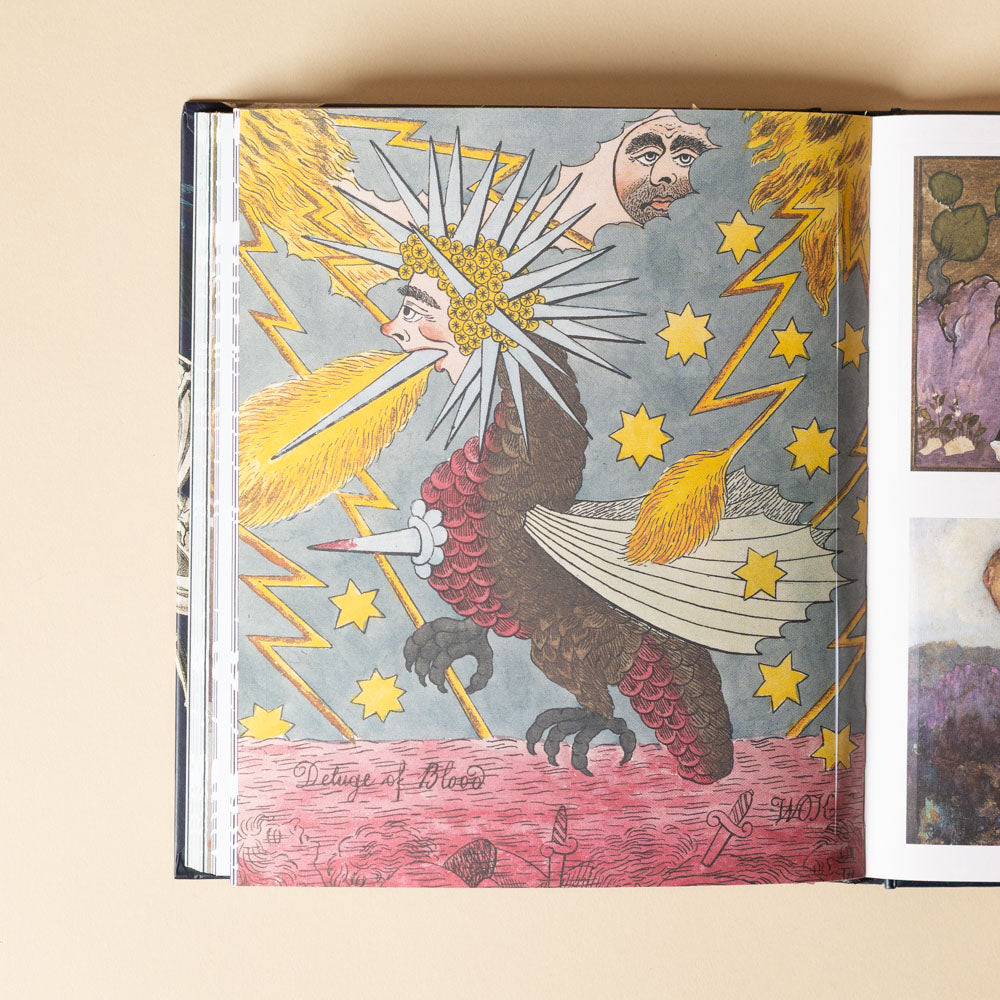 sticker-treasury-of-ghosts-and-dark-curiosities Open book displaying a colorful illustration of a winged creature with stars and lightning bolts on a beige background.