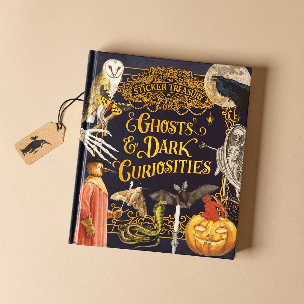 Book titled 'Ghosts & Dark Curiosities' with Halloween-themed illustrations on a beige background