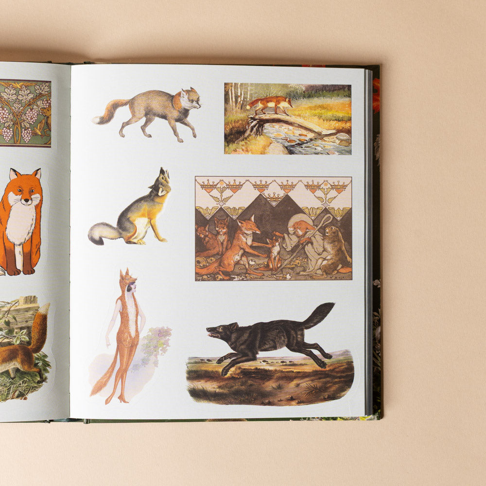 sticker-treasury-of-woodland-adventures Open book with illustrations of foxes and wolves on a beige background