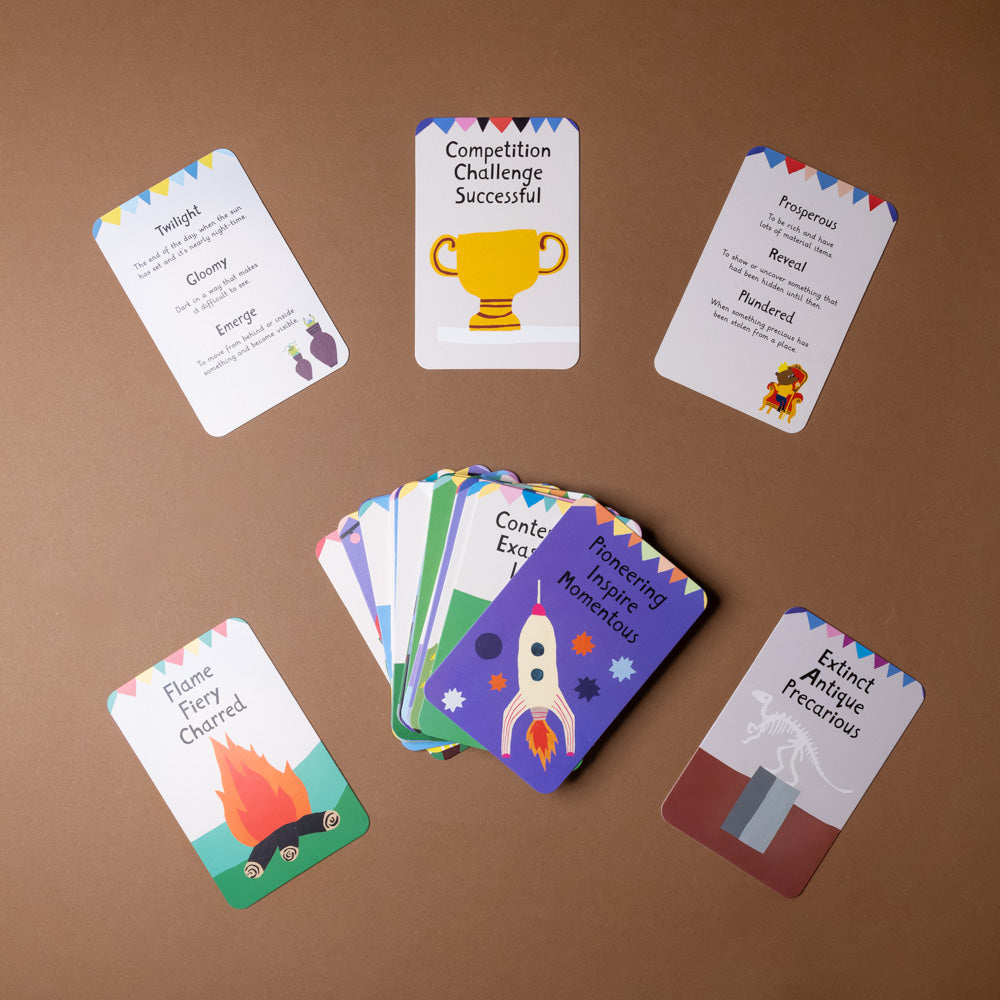 tell-an-interesting-story Colorful cards with various designs on a brown background