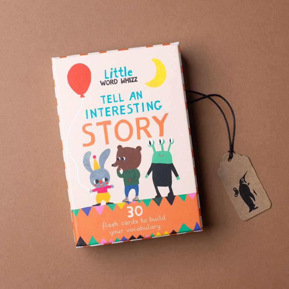 Children's book titled 'Tell an Interesting Story' with cartoon characters on a brown background