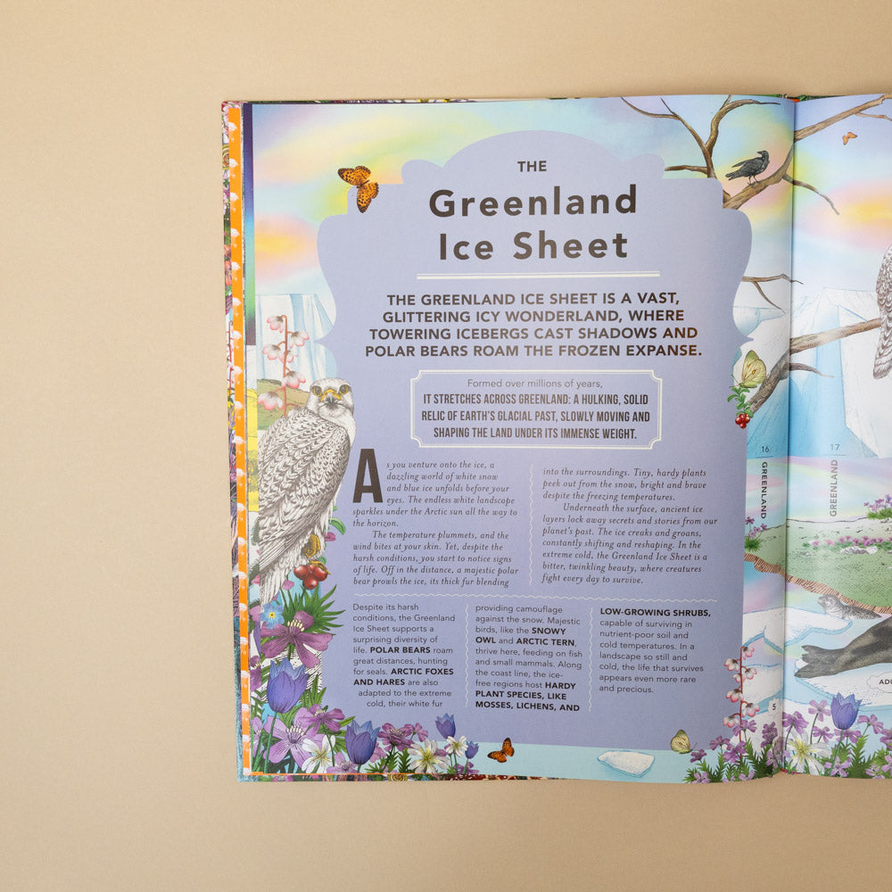 the-fantastical-safari-book Open book with educational content about the Greenland Ice Sheet on a beige background