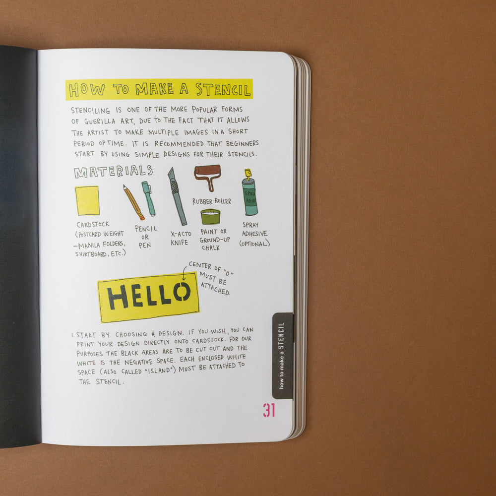 the-guerilla-art-guide Open notebook with instructional content on making a stencil and a 'Hello' stencil on a brown background