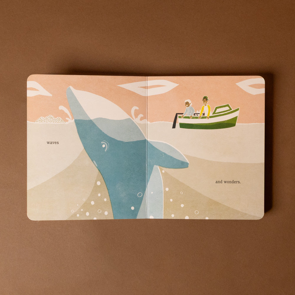 the-old-boat-board-book Illustrated notebook cover with a whale, boat, and people on a brown background