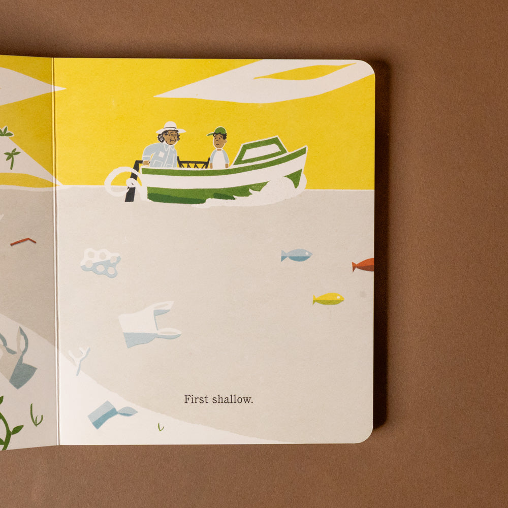 the-old-boat-board-book Illustrated book open to a page with two people in a boat on a yellow background.