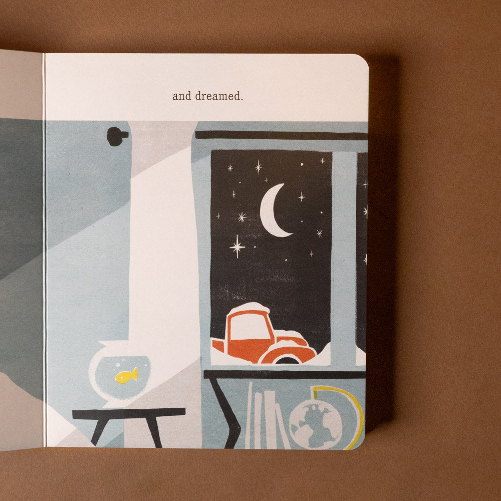 the-old-truck-board-book Illustrated book page with a night scene, toy car, fishbowl, and moon on a brown background.
