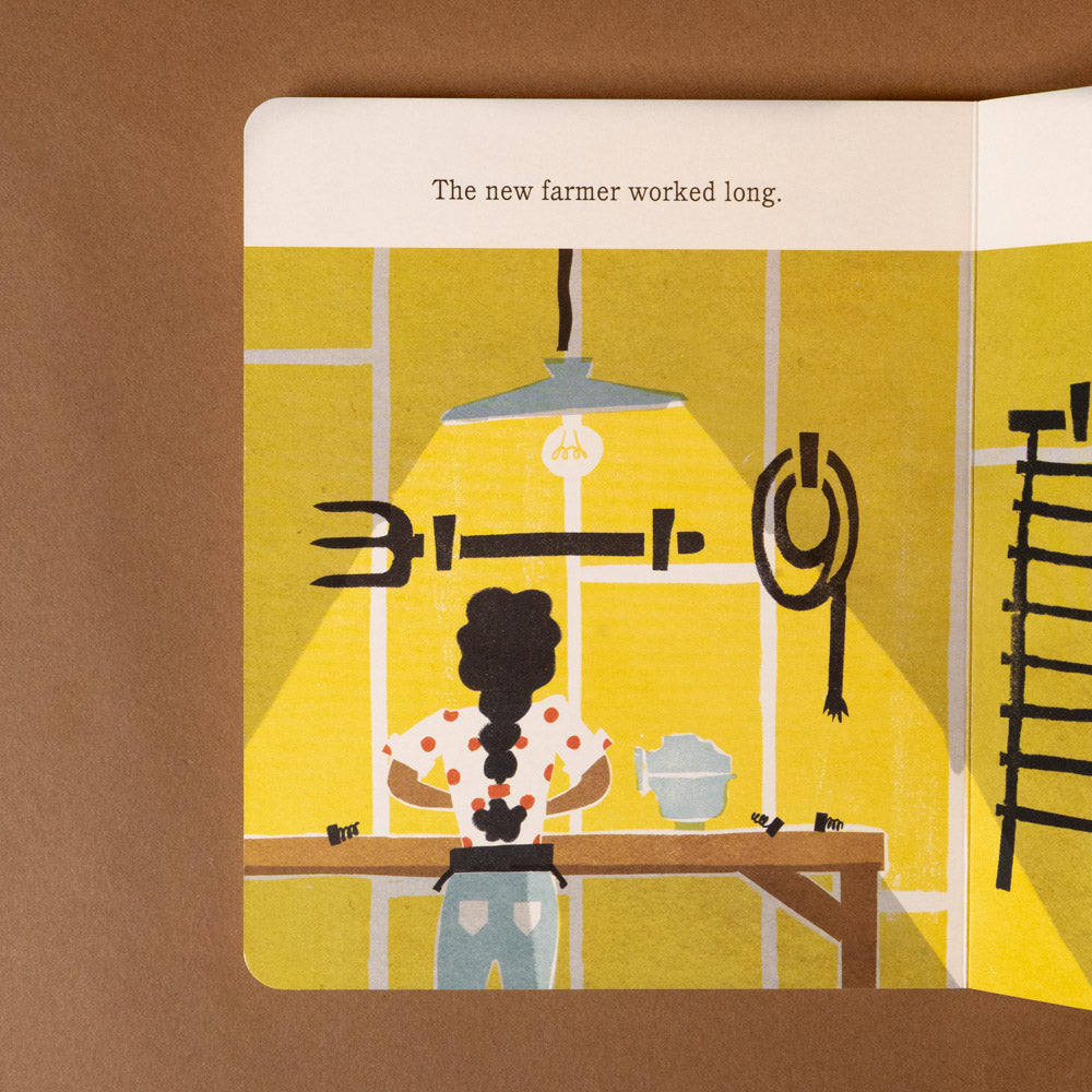 the-old-truck-board-book Illustration of a person working in a workshop with tools and a ladder on a yellow wall.